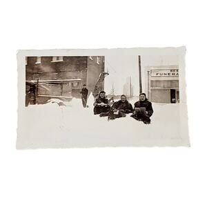 Vtg B&W Photo 1942 Found Pretty Young Ladies Reading in Blizzard Snow Snapshot